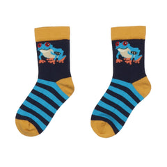 Kinder-Bio-Socken – Dunkelblau mit Bunter Streifenoptik und Lustigem Krabben-Motiv