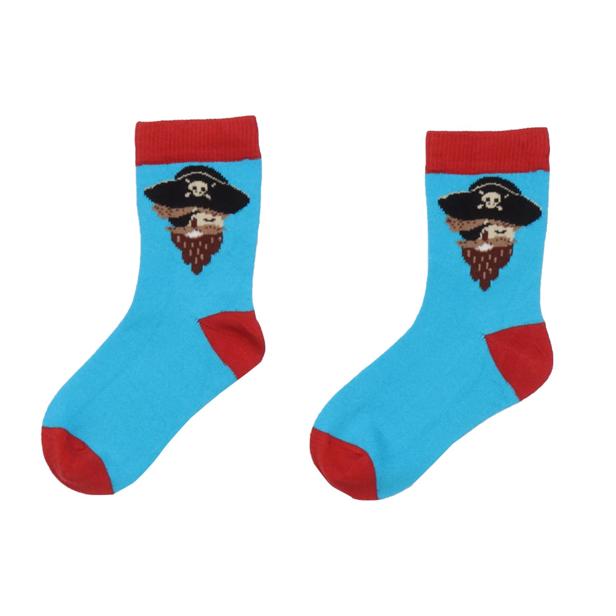 Children's organic socks - light blue with pirate motif and red contrasting color